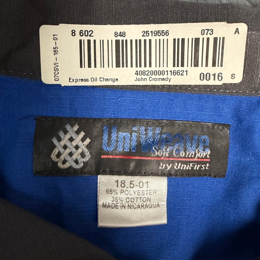 UniFirst UniWeave Mens Mechanic Work Shirt 18.5 Grey Blue Express Oil Change - Picture 6 of 9